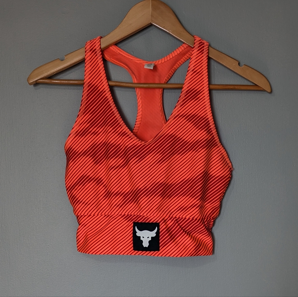 Under Armour Project Rock Heat Gear Bold Orange Striped Sports Bra